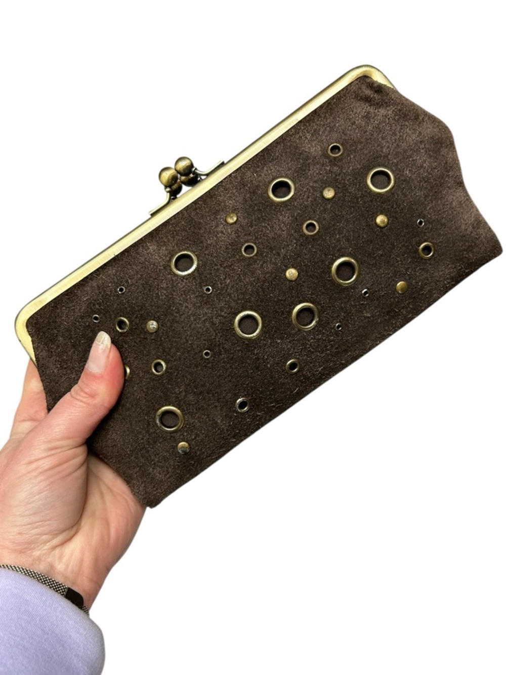 Mundi Brown Genuine Leather Frame Wallet Double Kiss Lock Studded Clutch